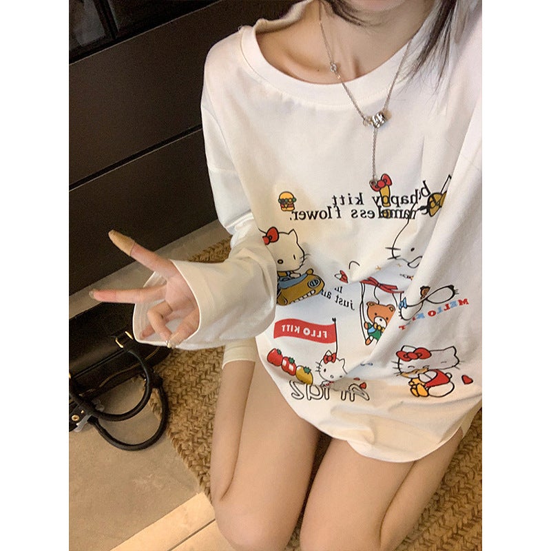 Cute Kt Cat Printed Long-Sleeved Loose T-Shirt Women'S Autumn Casual White Sweet Design All-Match Round Neck Top - Image 4