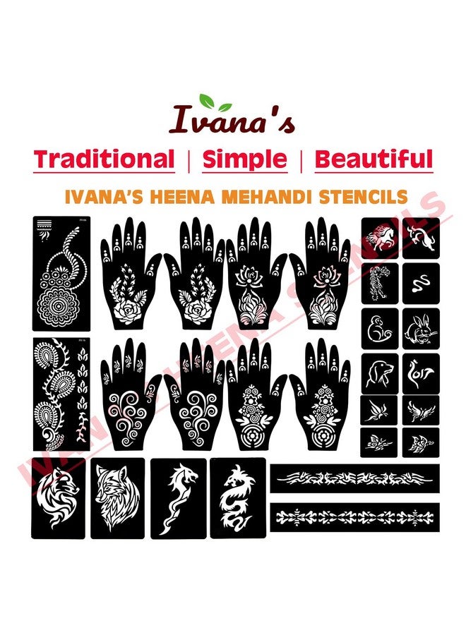 Ivana's Set of 34 Pcs Reusable Mehandi Stencils for Hands, Wrist, Body, Back, Neck, Face Combo Pack Stencils for Women, Girls And Kids, Easy To Use In Just 4 Steps Indian Design Collection, A2138