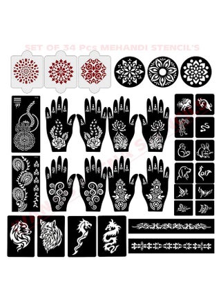 Ivana's Set of 34 Pcs Reusable Mehandi Stencils for Hands, Wrist, Body, Back, Neck, Face Combo Pack Stencils for Women, Girls And Kids, Easy To Use In Just 4 Steps Indian Design Collection, A2138 - pzsku/ZB51E09DE4B5768CB8414Z/45/_/1741429292/5f90d96b-8d33-4400-9b87-19403fd595a6