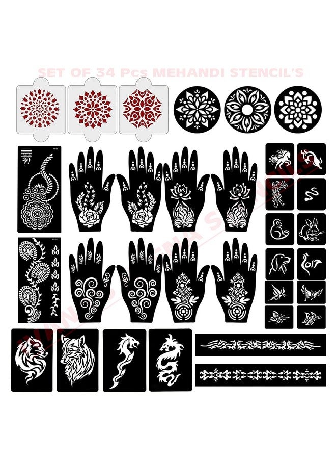Ivana's Set of 34 Pcs Reusable Mehandi Stencils for Hands, Wrist, Body, Back, Neck, Face Combo Pack Stencils for Women, Girls And Kids, Easy To Use In Just 4 Steps Indian Design Collection, A2138