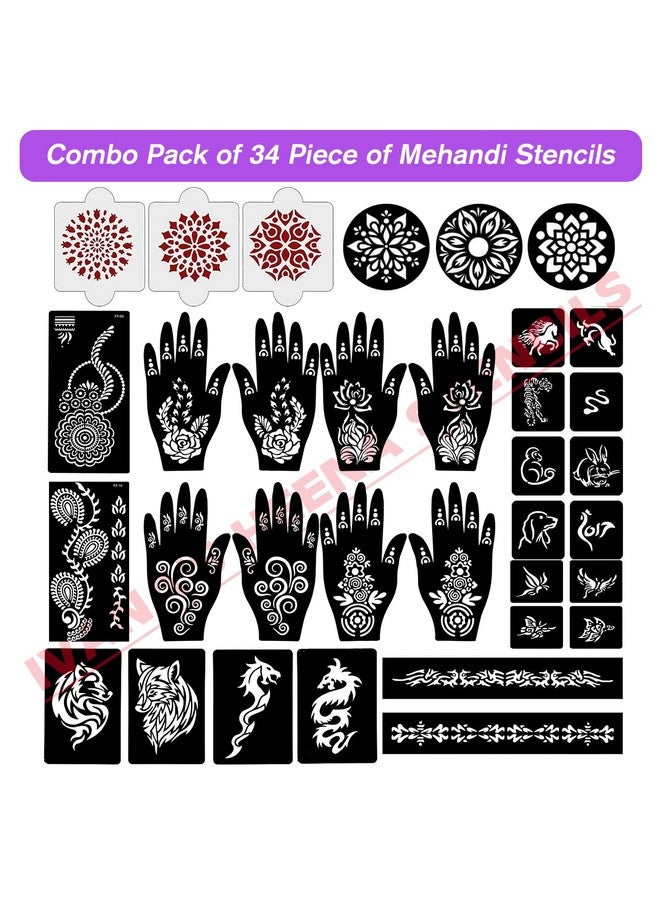 Ivana's Set of 34 Pcs Reusable Mehandi Stencils for Hands, Wrist, Body, Back, Neck, Face Combo Pack Stencils for Women, Girls And Kids, Easy To Use In Just 4 Steps Indian Design Collection, A2138