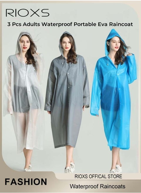 3 Pcs Adults Men And Women Waterproof Raincoat Portable Eva Long Rain Ponchos With Hoods Elastic Sleeves Lightweight Rainwear Cape Reusable For Outdoor Cycling Hiking Camping Climbing