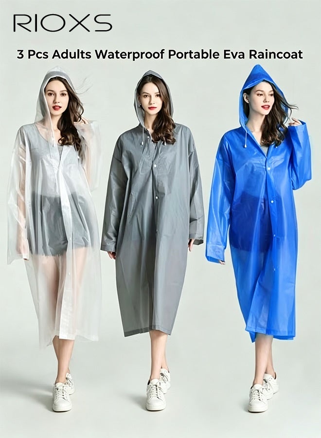 RIOXS 3 Pcs Adults Men And Women Waterproof Raincoat Portable Eva Long Rain Ponchos With Hoods Elastic Sleeves Lightweight Rainwear Cape Reusable For Outdoor Cycling Hiking Camping Climbing, Compact EVA Rainwear for Backpacking, Unisex Hiking Rain Cape - Image 1