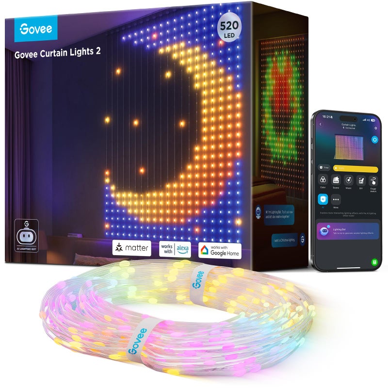 Govee أضواء الستائر من جوفي 2، 520 ليد، أضواء ستائر ذكية LED مع GIF AIGC DIY، غير قابلة للتوصيل، أضواء ملونة RGBIC متغيرة للأعياد للديكور الداخلي والخارجي، مقاومة للماء IP65، 4.9×6.6 قدم - Image 1