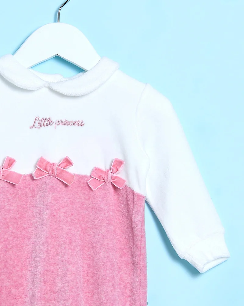 REDTAG Baby White And Pink Embellished Velour Sleepsuit