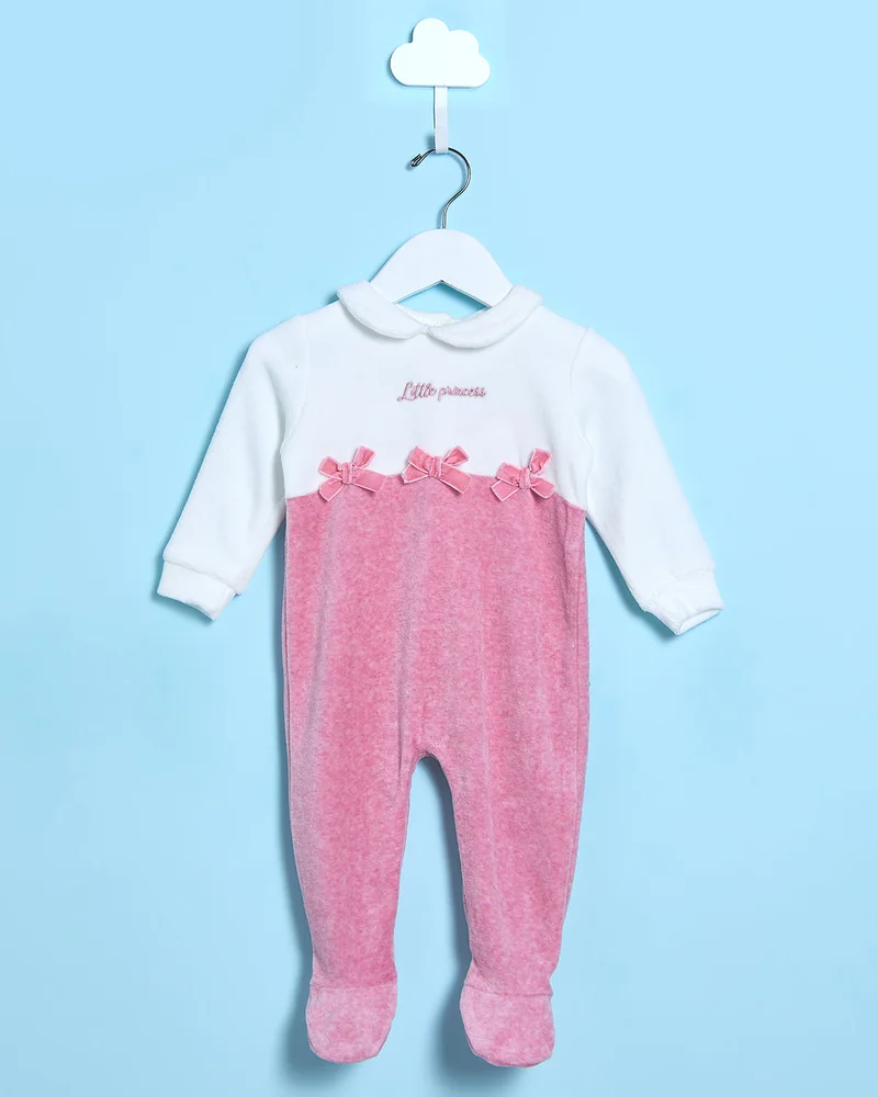 REDTAG Baby White And Pink Embellished Velour Sleepsuit