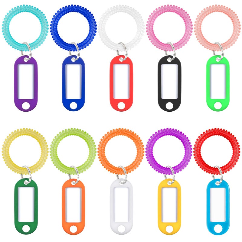 Uniclife 10 Pcs Wrist Spring Spiral Coil Keychains & 10 Pcs Key Tag Labels Plastic Colorful Stretchable Key Holder Wrist Bracelet Keychain with Label Hair Tie for ID Badge Sauna Gym Pool and Sport - Image 1