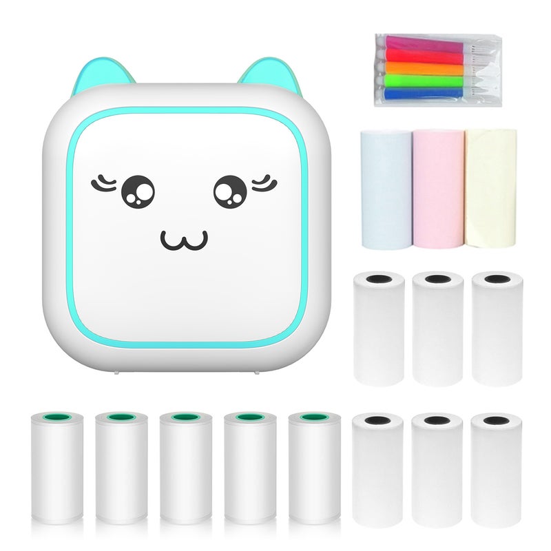 Mini Thermal Printer Multifunction Portable Sticker Maker Instant Photo Inkless Printing Support BT Connection for Smartphone with 9 Paper Rolls 57mm + 5 Self-Adhesive Paper Rolls + 5pcs Color - Image 1