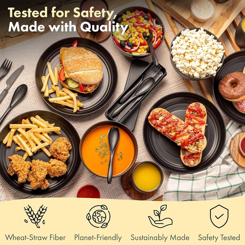 FOODLE طقم أدوات الطعام من قش القمح FOODLE خالي من BPA مختبر للسلامة آمن للاستخدام في الميكروويف وغسالة الصحون بديل للأطباق البلاستيكية مثالي للتخييم والرحلات الخارجية وللسكن الجامعي طقم أطباق وأكواب ووعاء لـ 4 - Image 3