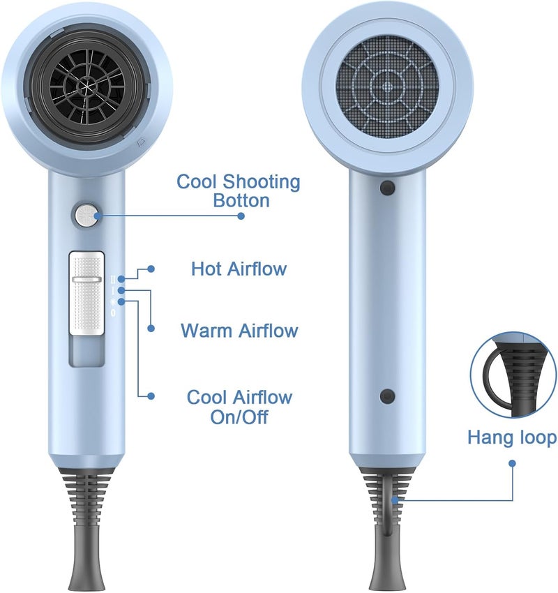 SLOPEHILL Professional Ionic Hair Dryer, Powerful 1800W Fast Drying Low Noise Blow Dryer with 2 Concentrator Nozzle 1 Diffuser Attachments for Home Salon Travel (Matte Blue) - Image 4