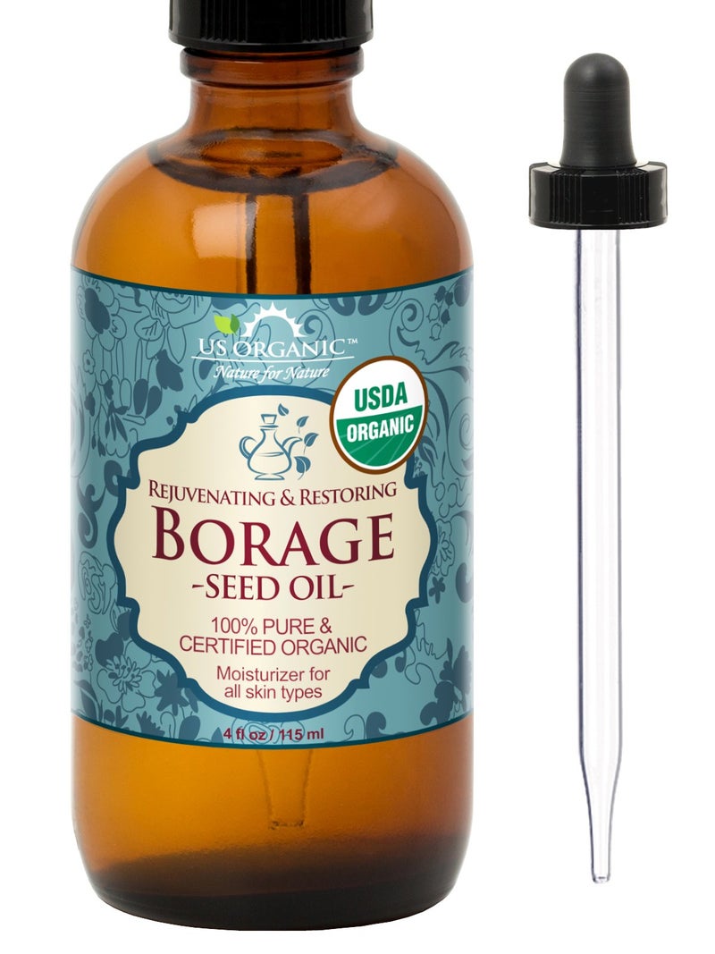 US Organic Borage seed Oil (18% GLA), USDA Certified Organic, 100% Pure & Natural, Cold Pressed, aka Starflower oil, in Amber Glass Bottle w/Eye dropper for Easy Application (4 oz (115 ml)) - Image 1
