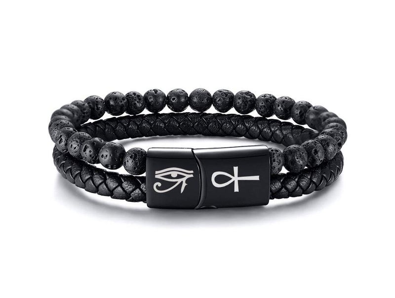 VNOX Two-Strand Braided Leather Cuff Wristband Bead Rope Bracelet Engraved Egyptian Eye of Horus Eye of Ra Ankh Cross Bracelet,Black - Image 1