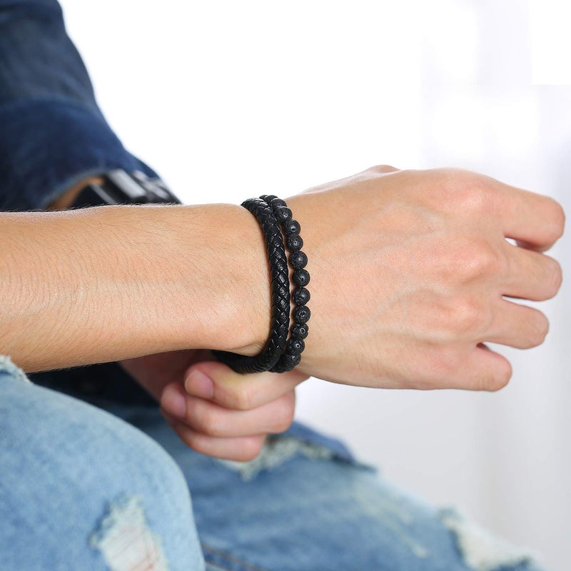 VNOX Two-Strand Braided Leather Cuff Wristband Bead Rope Bracelet Engraved Egyptian Eye of Horus Eye of Ra Ankh Cross Bracelet,Black - Image 5
