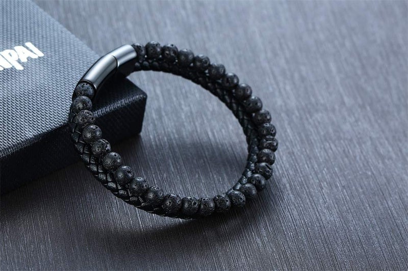 VNOX Two-Strand Braided Leather Cuff Wristband Bead Rope Bracelet Engraved Egyptian Eye of Horus Eye of Ra Ankh Cross Bracelet,Black - Image 3
