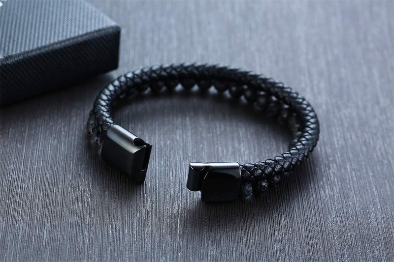 VNOX Two-Strand Braided Leather Cuff Wristband Bead Rope Bracelet Engraved Egyptian Eye of Horus Eye of Ra Ankh Cross Bracelet,Black - Image 4