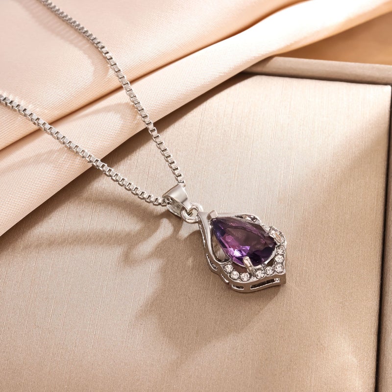 Generic Elegant Silver Waterdrop Necklace with Amethyst Pendant Purple Water Drop Pendant Necklace 