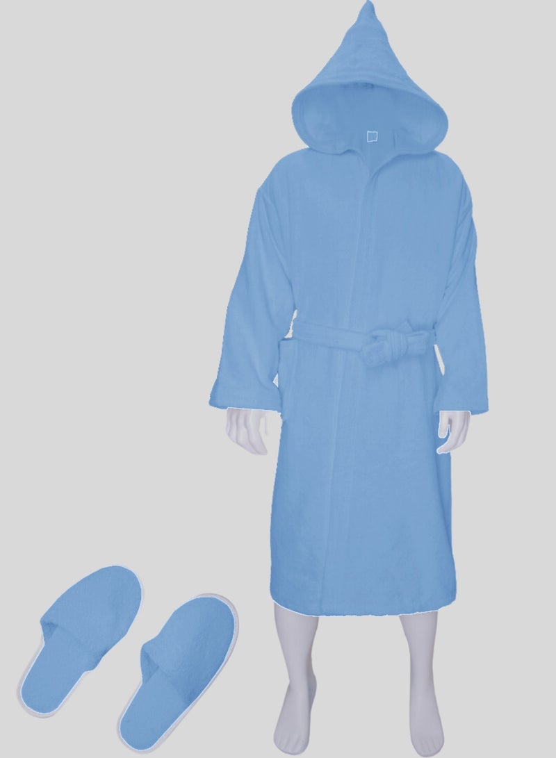 Banotex Luxurious Egyptian cotton bathrobe in sky blue, suitable for men and women, comes with a cape, slippers, and a waist belt. - Image 3