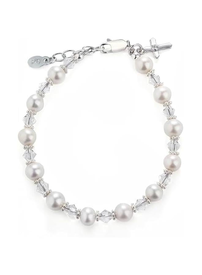 Arabest Children's Sterling Silver Cross Bracelet and/or Necklace with Cultured Pearl and Crystal First Communion, Baptism or Christening Gift - Image 1