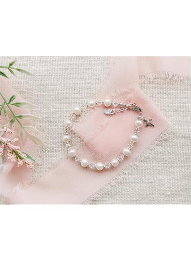 Arabest Children's Sterling Silver Cross Bracelet and/or Necklace with Cultured Pearl and Crystal First Communion, Baptism or Christening Gift - Image 2