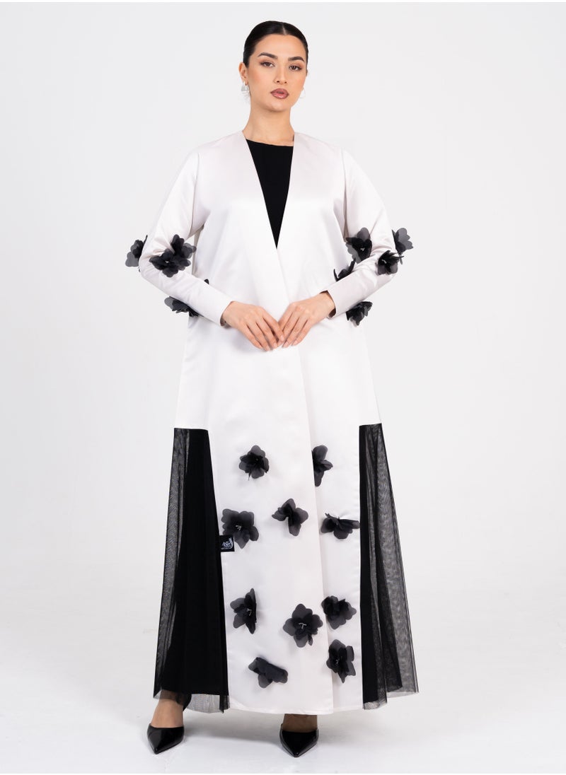 Rosette Abaya OffWhite abaya with Black flowers embroidery design  - Image 1
