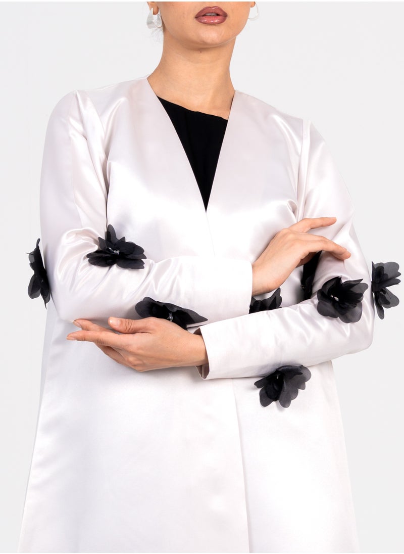 Rosette Abaya OffWhite abaya with Black flowers embroidery design  - Image 2