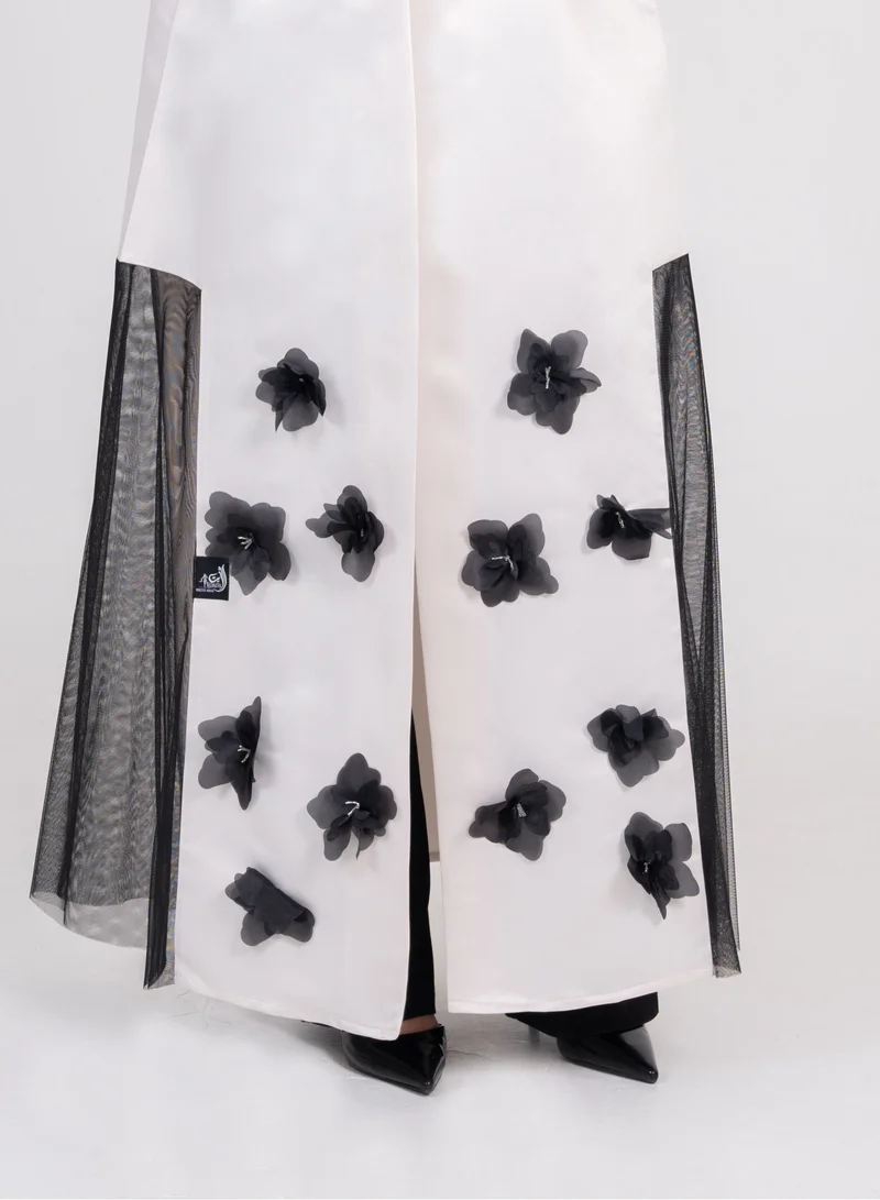 Rosette Abaya OffWhite abaya with Black flowers embroidery design