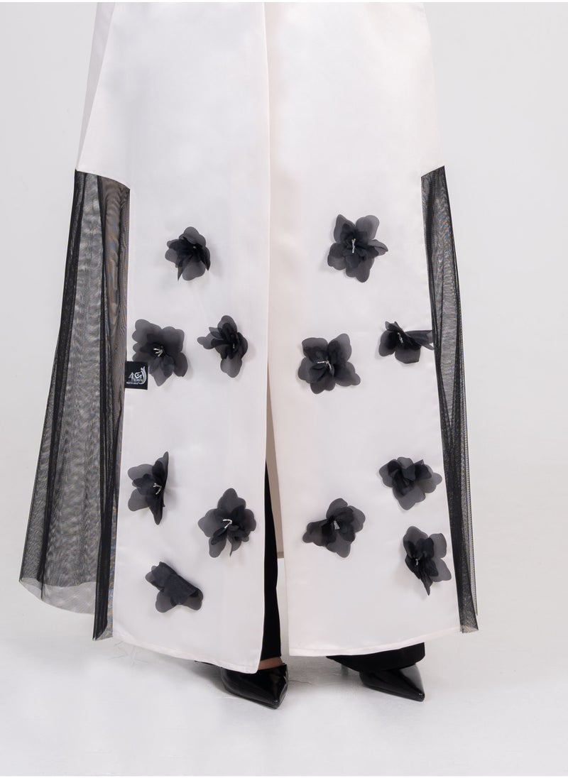 Rosette Abaya OffWhite abaya with Black flowers embroidery design  - Image 3