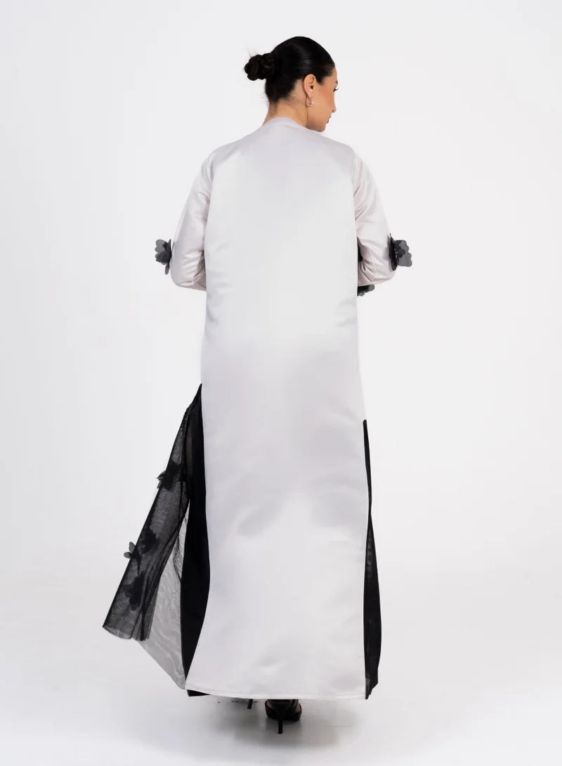 Rosette Abaya OffWhite abaya with Black flowers embroidery design