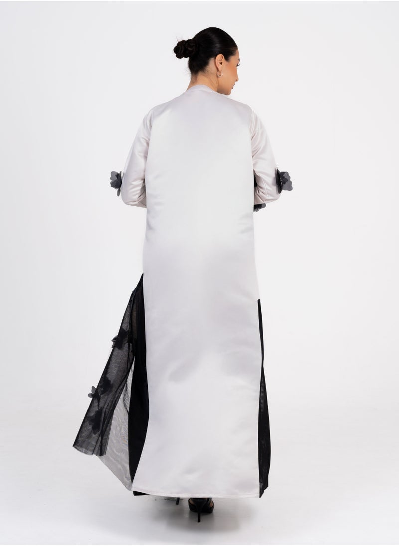 Rosette Abaya OffWhite abaya with Black flowers embroidery design  - Image 4