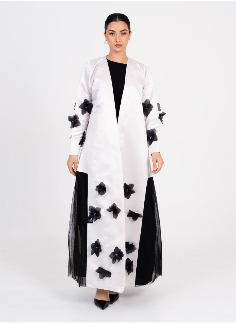 Rosette Abaya - OffWhite abaya with Black flowers embroidery design - Image 1