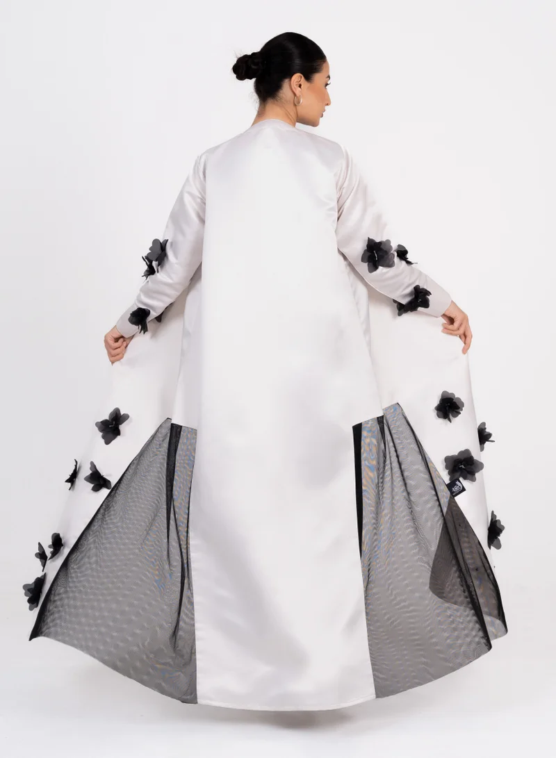 Rosette Abaya OffWhite abaya with Black flowers embroidery design