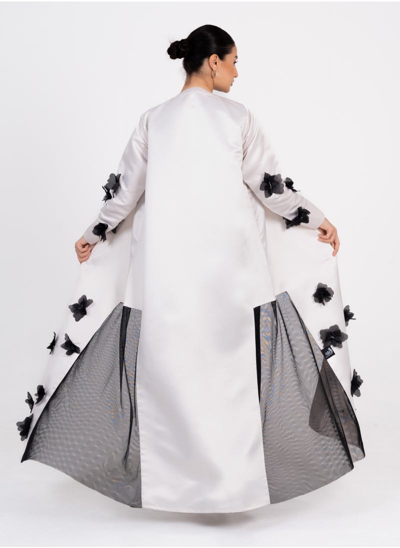 Rosette Abaya OffWhite abaya with Black flowers embroidery design  - Image 5