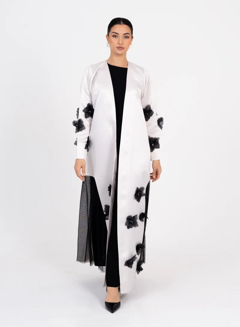 Rosette Abaya OffWhite abaya with Black flowers embroidery design