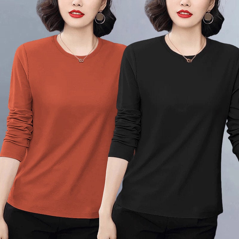 Pure cotton casual popular long-sleeved t-shirt for women's autumn 2025 new loose plus-size versatile age-reducing top with front shoulder - Image 3