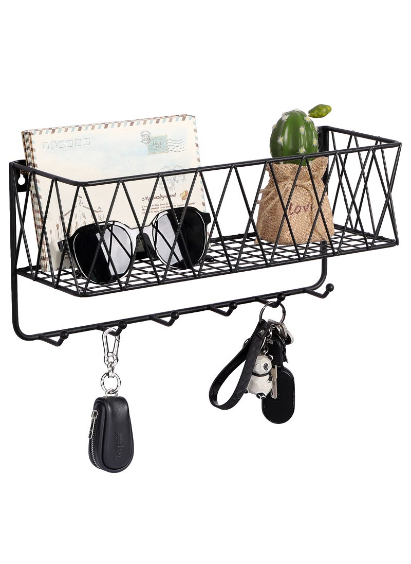 OROPY OROPY Entryway Mail Holder with Key Hooks 14 L47 W65 H Wall Mounted Matte Black Metal Wire Mesh Storage Basket with 6 Hooks easy to Organize Letters Magazines Keys Leashes for Entryway 