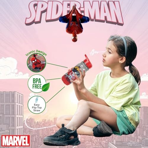 Marvel Avengers Spider-Man Kids Water Bottle with Straw 500ml | BPA-Free Red & Grey Plastic Water Bottle for Kids | Spider man Water bottle for school kids | AZ2022-02 - Image 4