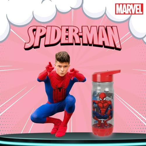 Marvel Avengers Spider-Man Kids Water Bottle with Straw 500ml | BPA-Free Red & Grey Plastic Water Bottle for Kids | Spider man Water bottle for school kids | AZ2022-02 - Image 3