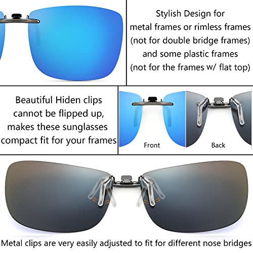CAXMAN Polarized Clip On Sunglasses for Prescription Glasses Men & Women w/Blue Mirrored Lens Compact Fit Non Flip Up Extra Large - Image 3