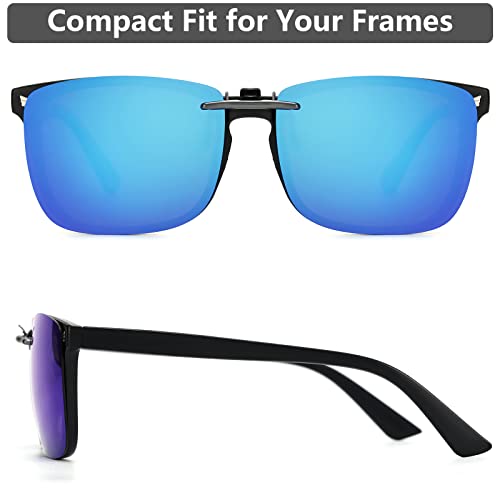 CAXMAN Polarized Clip On Sunglasses for Prescription Glasses Men & Women w/Blue Mirrored Lens Compact Fit Non Flip Up Extra Large - Image 5