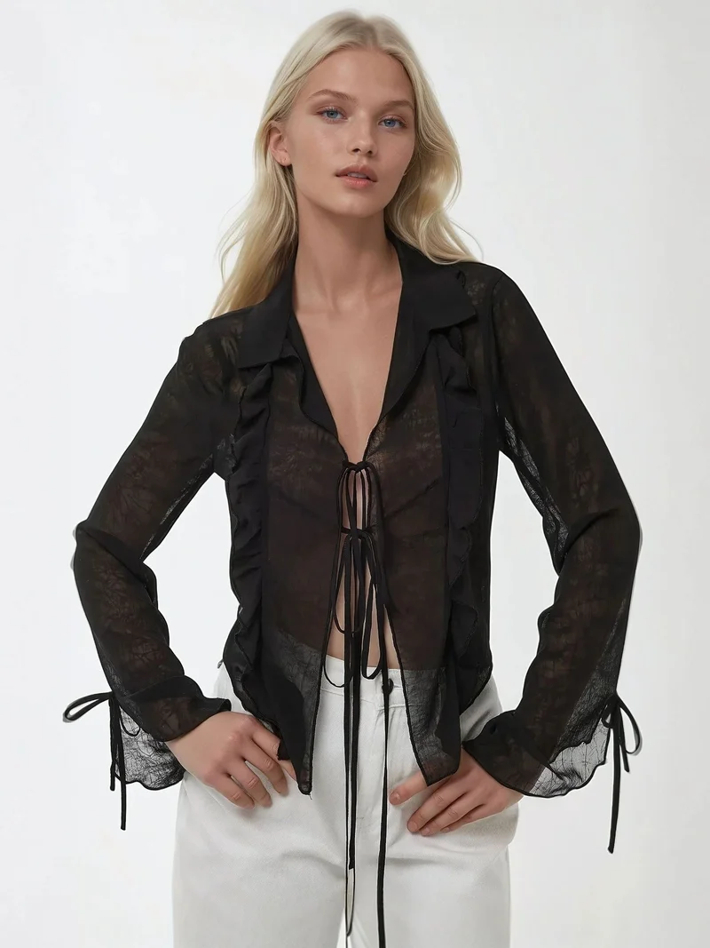 HICCUP V-Neck Tie-Detail Long Sleeve Ruffle Blouse with Bow