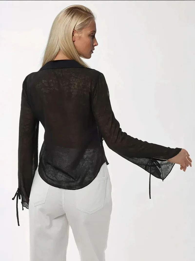 HICCUP V-Neck Tie-Detail Long Sleeve Ruffle Blouse with Bow