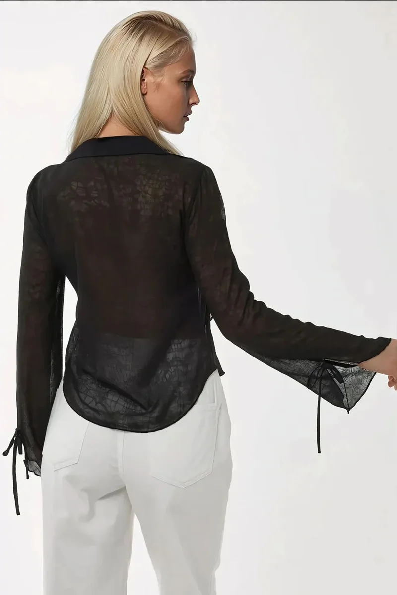 Hiccup Black V-Neck Tie-Detail Long Sleeve Ruffle Blouse with Bow for Women | Best Price UAE