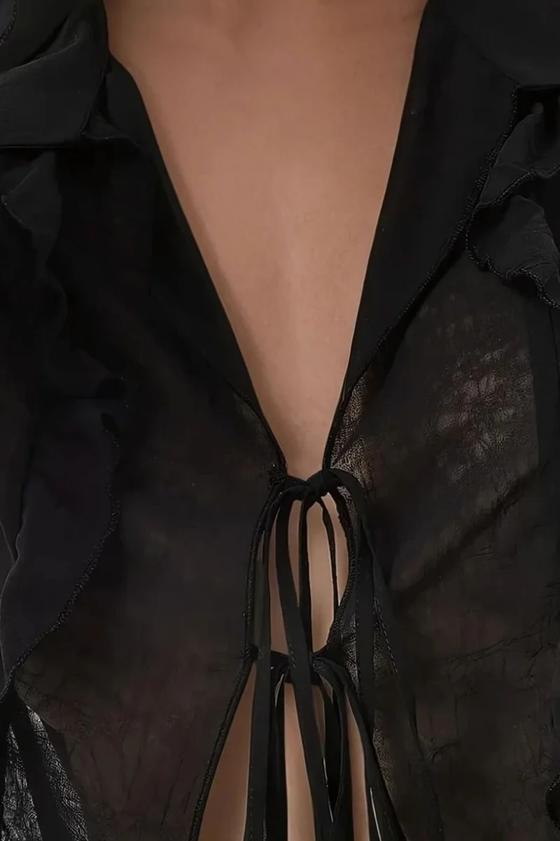 Hiccup Black V-Neck Tie-Detail Long Sleeve Ruffle Blouse with Bow for Women | Best Price UAE