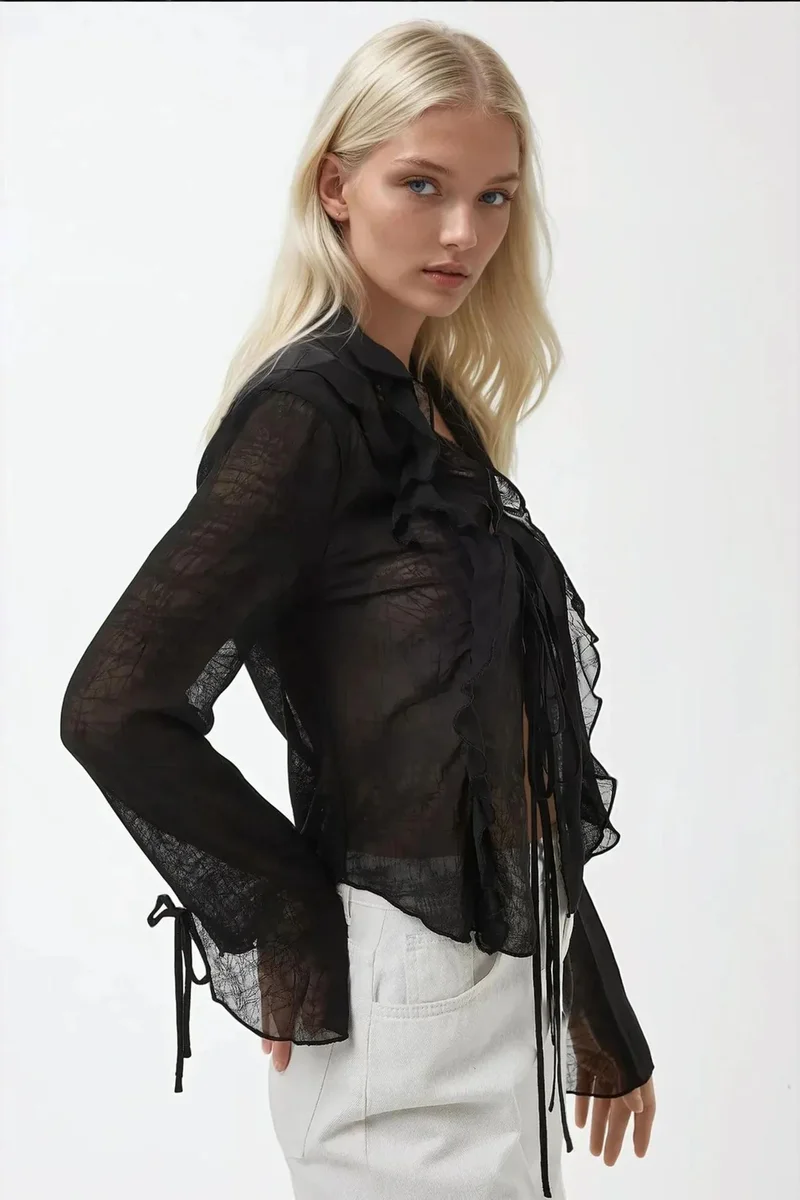 Hiccup Black V-Neck Tie-Detail Long Sleeve Ruffle Blouse with Bow for Women | Best Price UAE