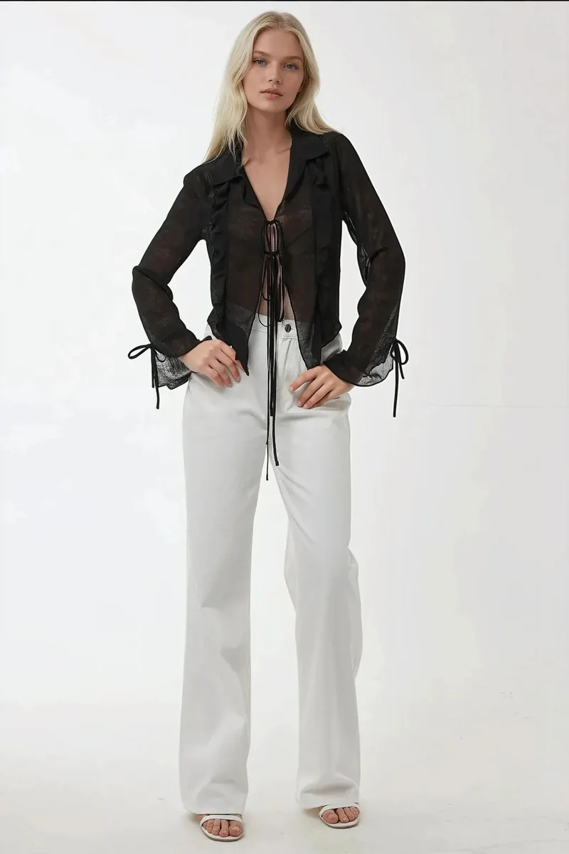 Hiccup Black V-Neck Tie-Detail Long Sleeve Ruffle Blouse with Bow for Women | Best Price UAE
