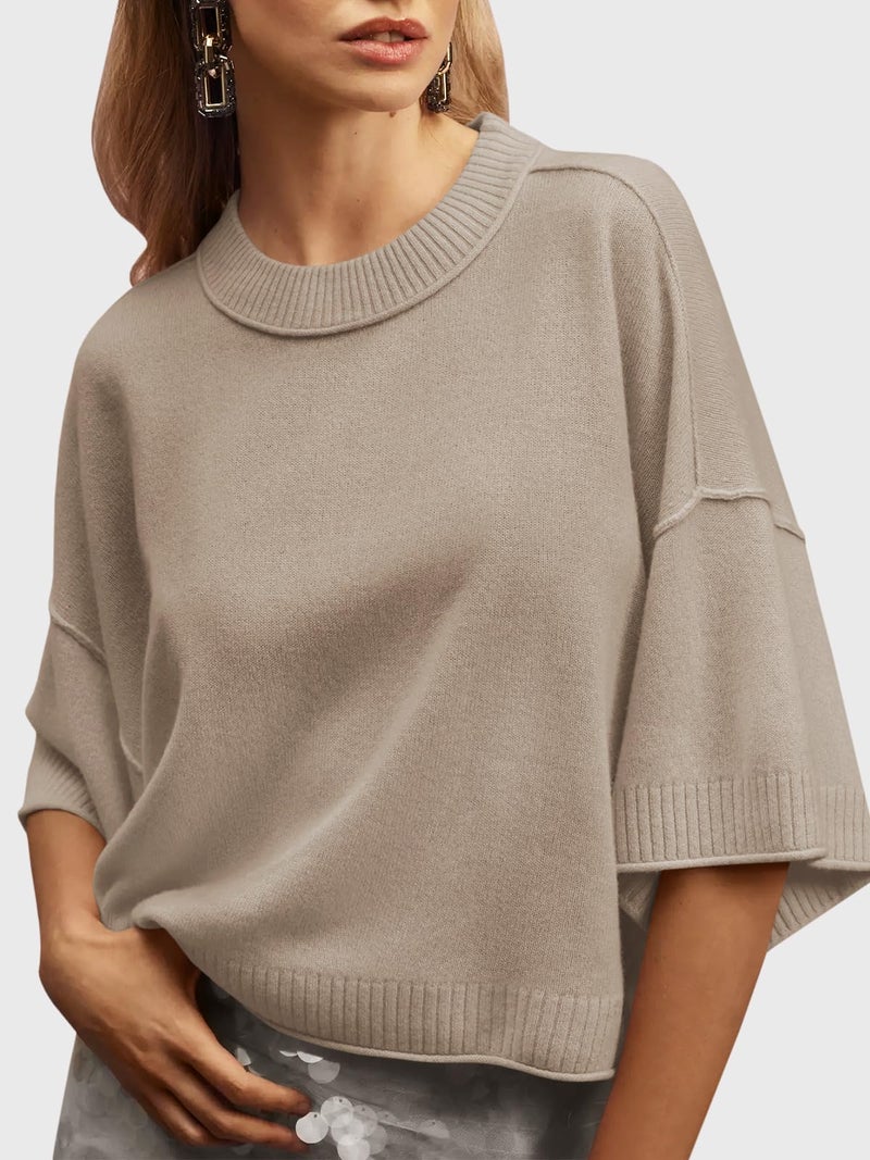 Saodimallsu Womens Short Sleeve Sweater Summer Oversized Cropped Sweaters Casual Crewneck Lightweight Knit Tops Khaki - Image 2