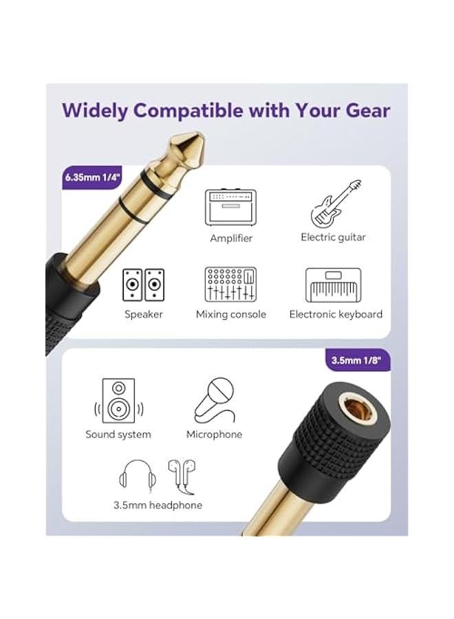 6.35mm 1/4 Male to 3.5mm 1/8 Female Audio Adapter, Gold-Plated TRS Stereo Jack, Solid Brass Housing, for Headphones, Guitar, Mixer, Amp, Keyboard, 2 Pack - Image 3