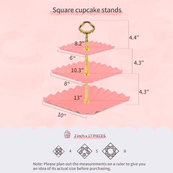 NWK 5 Piece Cake Stand Set With 2 X Large 3-Tier Cupcake Stands, 3 X Appetizer Trays, For Wedding Birthday Baby Shower Tea Party Decorations (Pink) - Image 2