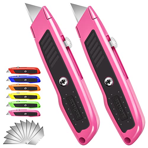 Jetmore Box Cutter, 2 Pack Pink Utility Knife, Durable Razor Knife, Box Opener with 10 SK5 Blades, Exacto Knife, Cardboard Cutter, Box Cutter Retractable, Perfect Package Opener for Home, Office - Image 1