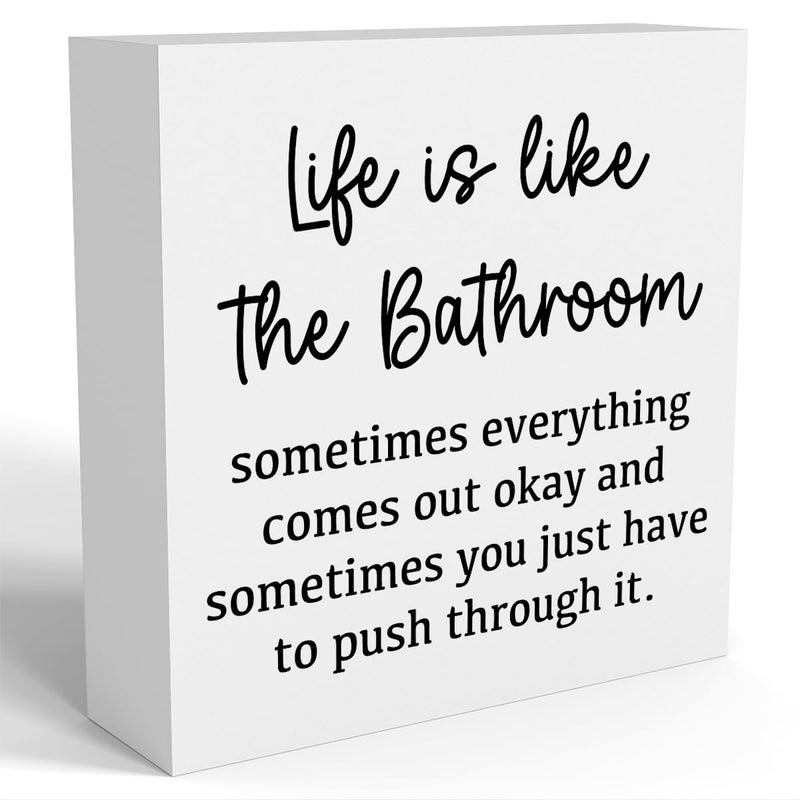 FXEFXE Life Is Like The Bathroom - Black and White Bathroom Decor Sign, Funny Wooden Box for Home Farmhouse Living Room Table Shelves - Image 1